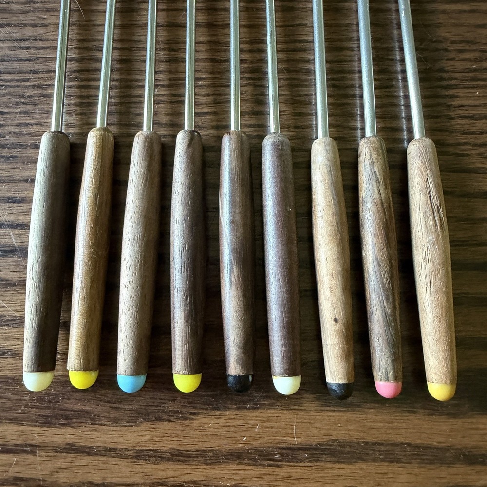 VTG Fondue Forks Stainless Steel Wood Handles Colored Tips Set of 9 Japan - Picture 3 of 4